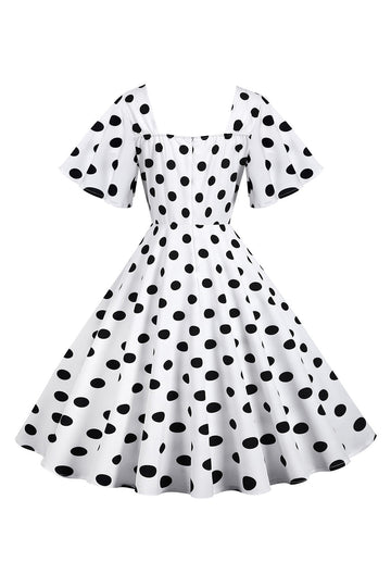 Pontos de Polka Vestido Vintage Branco com Mangas Curtas